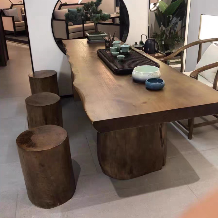 Office Furniture Set - โต๊ะไม้เนื้อแข็งแผ่นใหญ่ โต๊ะน้ำชาไม้ซุง โต๊ะทำงานเรียบง่าย สไตล์วาบิซาบิสำหรับสำนักงาน
