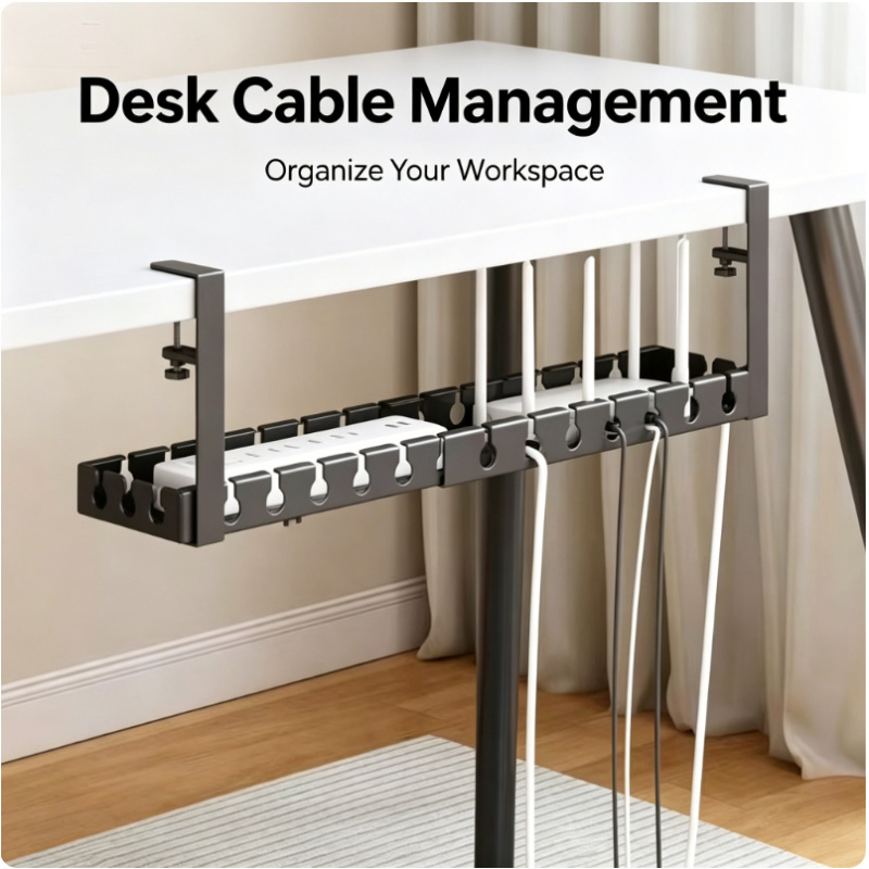 Cable Tray Under Desk - ชั้นวางของแบบยืดหดได้ใต้โต๊ะ ถาดจัดเก็บสายเคเบิลโลหะ ไม่ต้องเจาะ ตัวจัดระเบียบสายไฟบนโต๊ะ อุปกรณ์สำนักงานที่บ้าน