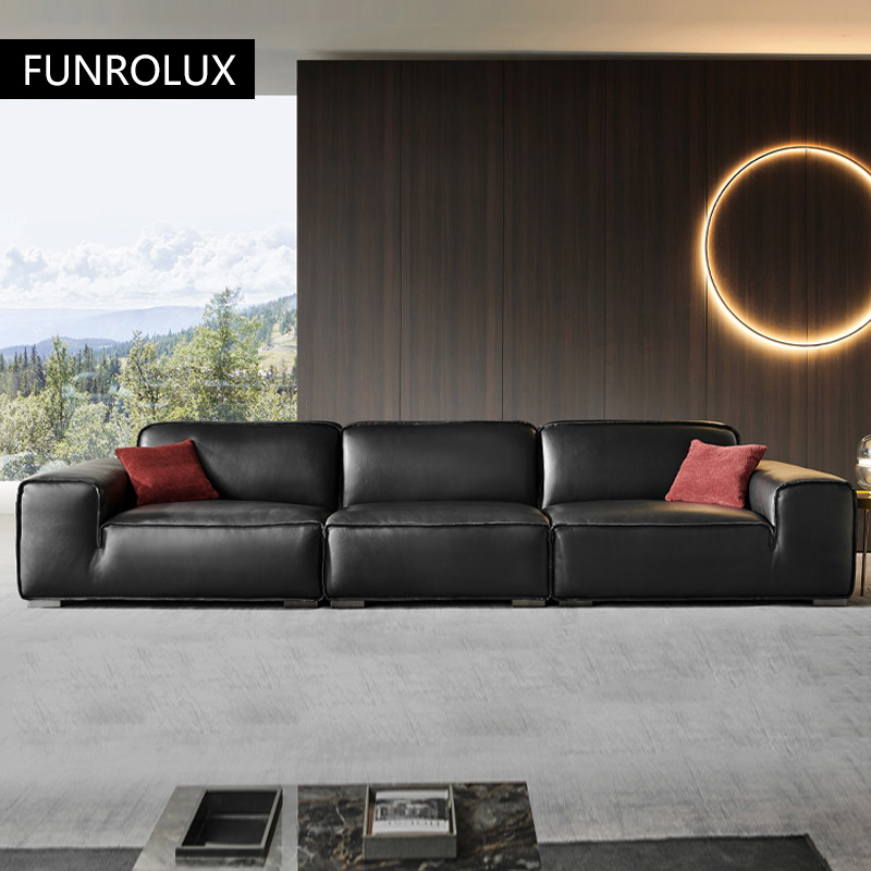 Office Furniture First - หนังวัวสีดําขนาดใหญ่โซฟาสํานักงานโซฟาเชิงพาณิชย์ขนาดใหญ่แบน Villa First Layer Cowhide โซฟาอินไลน์โซฟาหน้าแรก